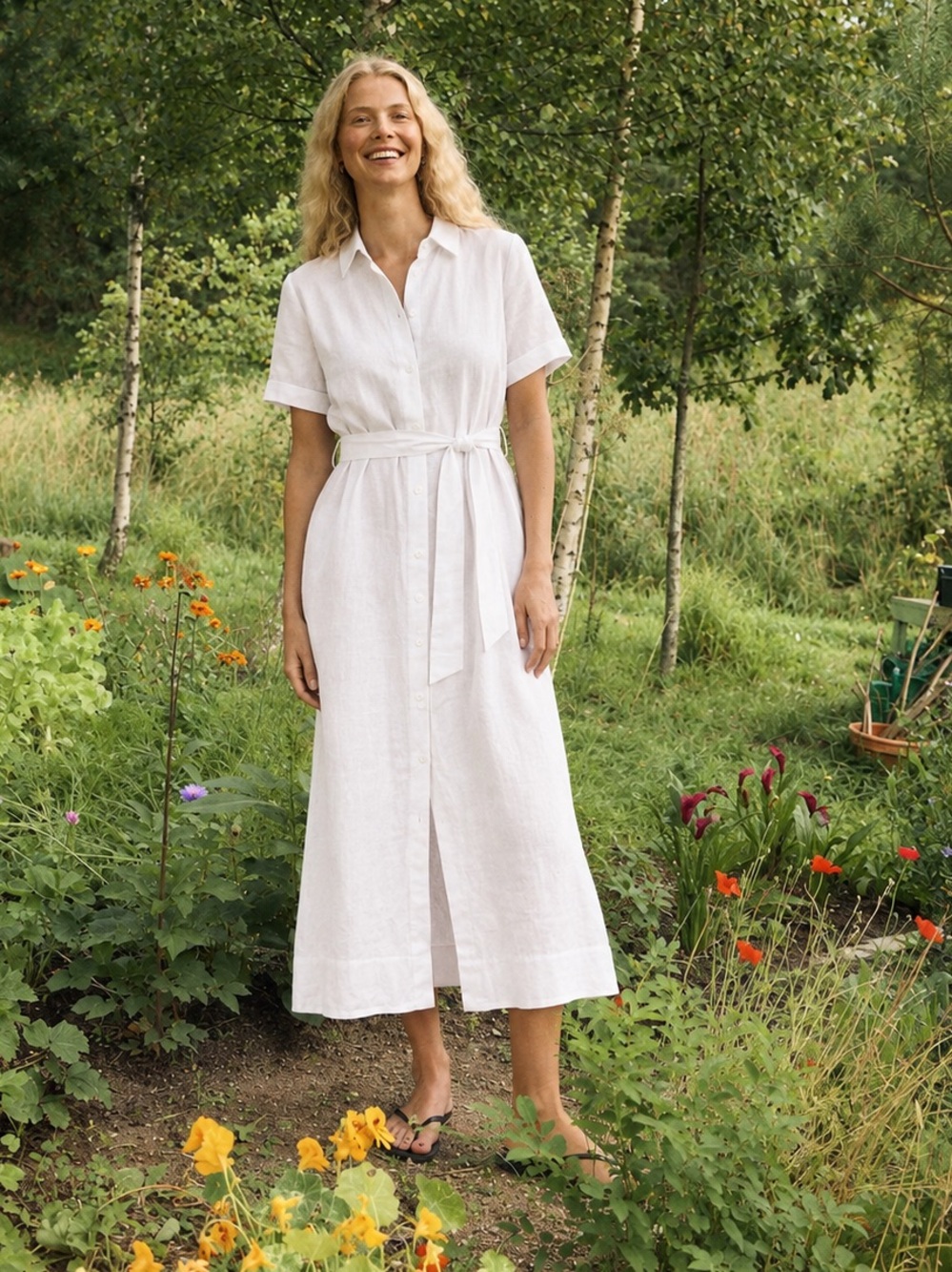 Aritzia Wilfred White Linen Button-Front Shirt Dress with Tie Belt